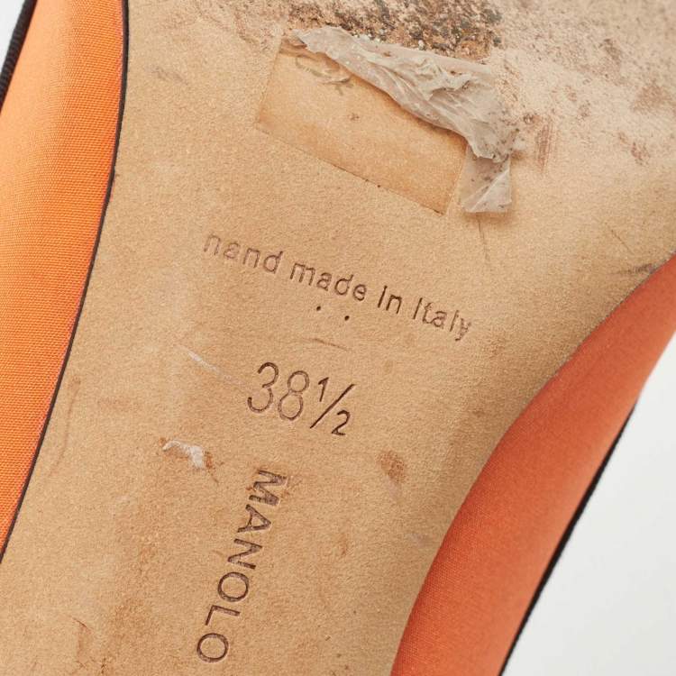 Pre Owned Manolo Blahnik Orange Fabric Gotrian Crystal Embellished Pumps Size 38.5
