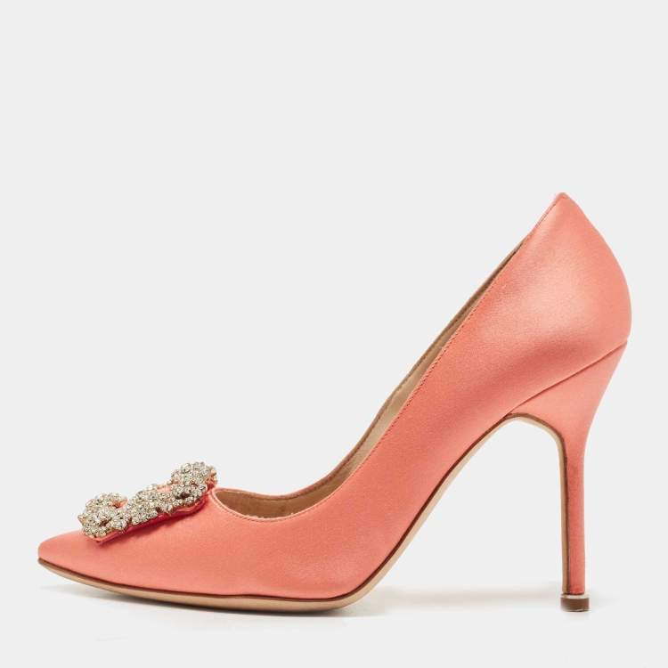 Pre Owned Manolo Blahnik Orange Satin Hangisi Pumps Size 38