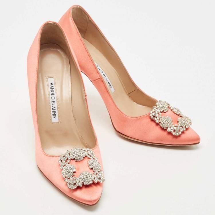 Pre Owned Manolo Blahnik Orange Satin Hangisi Pumps Size 38