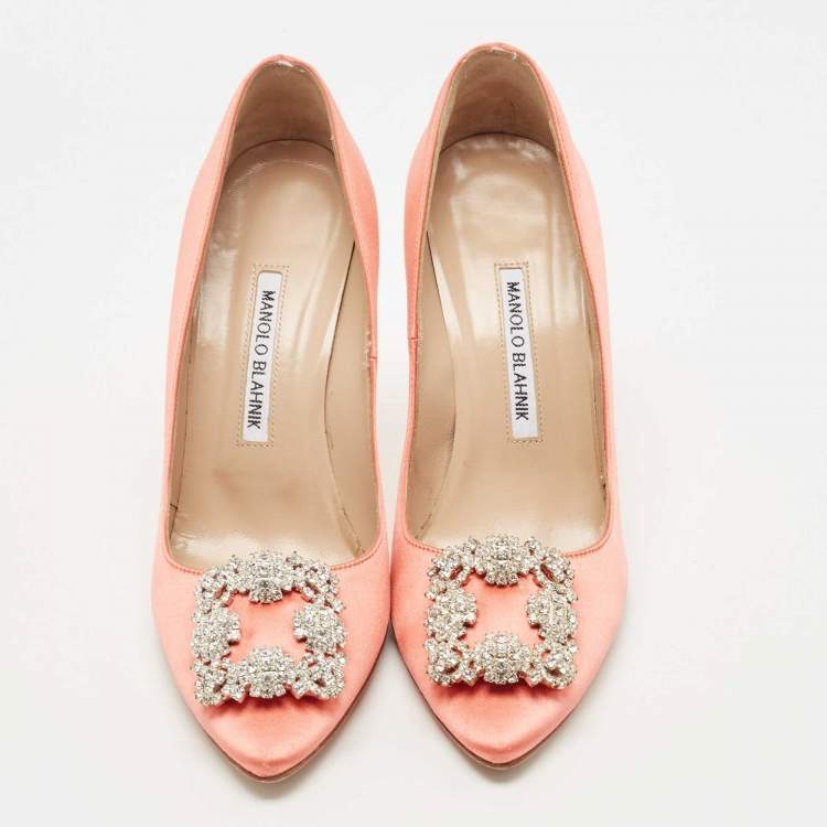Pre Owned Manolo Blahnik Orange Satin Hangisi Pumps Size 38