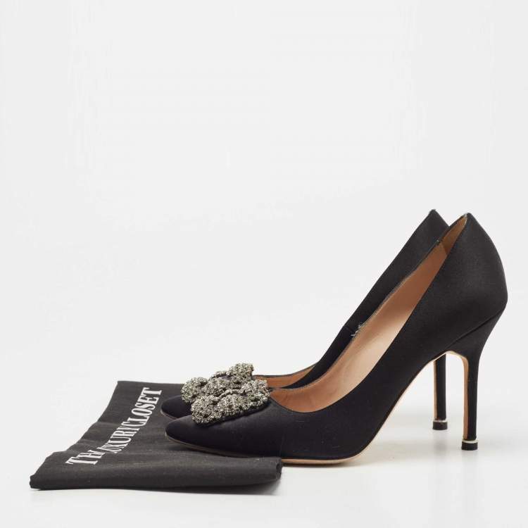 Pre Owned Manolo Blahnik Black Satin Hangisi Pumps Size 37.5