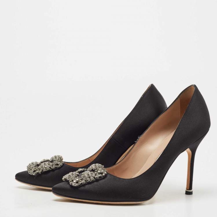 Pre Owned Manolo Blahnik Black Satin Hangisi Pumps Size 37.5