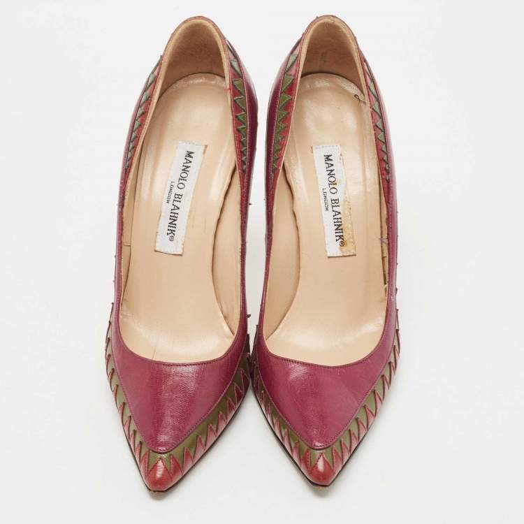 Pre Owned Manolo Blahnik Tricolor Leather Pointed Toe Pumps Size 37.5
