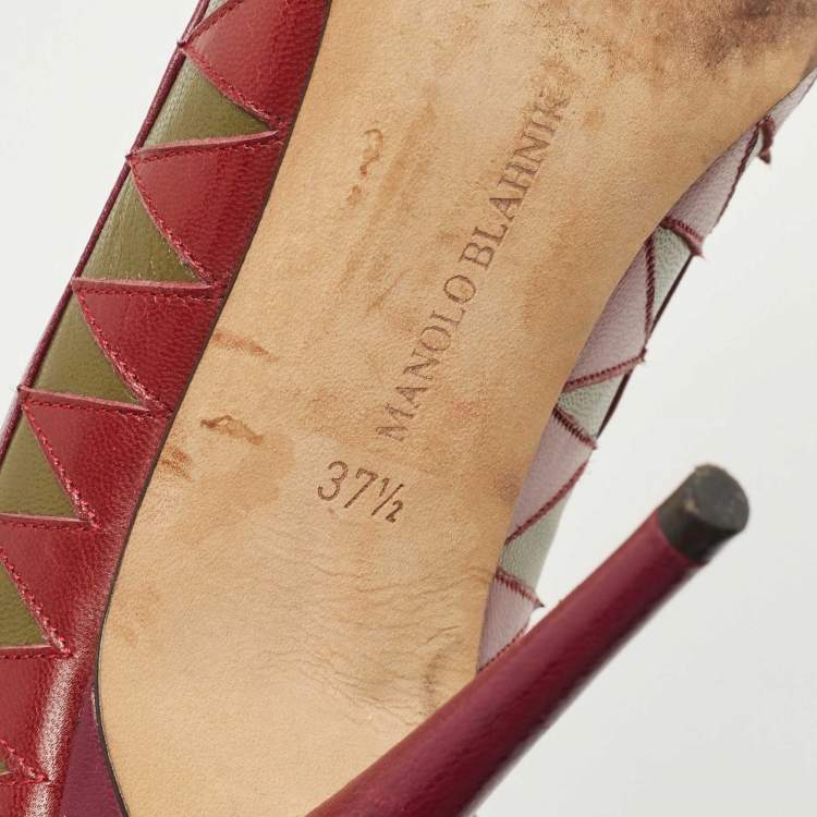 Pre Owned Manolo Blahnik Tricolor Leather Pointed Toe Pumps Size 37.5