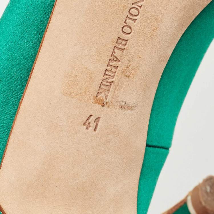 Pre Owned Manolo Blahnik Green Satin Hangisi Crystal Embellished Pumps Size 41