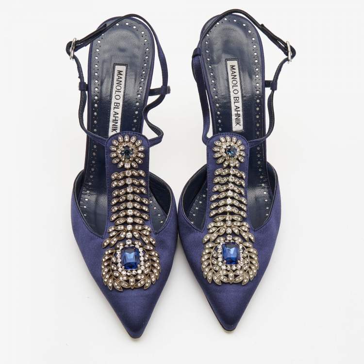 Pre Owned Manolo Blahnik Navy Blue Satin Jamala Crystal Embellished Pumps Size 39.5