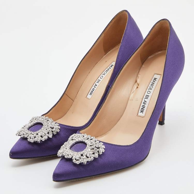 Pre Owned Manolo Blahnik Purple Satin Hangisi Crystal Embellished Pumps Size 36