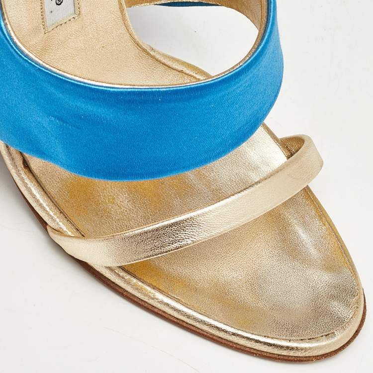 Pre Owned Manolo Blahnik Blue/Gold Satin and Leather Open Toe Sandals Size 39.5