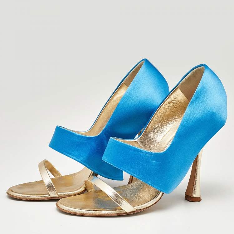 Pre Owned Manolo Blahnik Blue/Gold Satin and Leather Open Toe Sandals Size 39.5