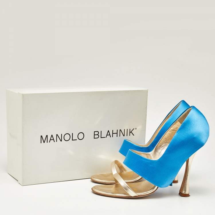Pre Owned Manolo Blahnik Blue/Gold Satin and Leather Open Toe Sandals Size 39.5
