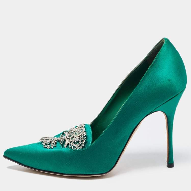 Pre Owned Manolo Blahnik Green Satin Crystal Embellished Pumps Size 38