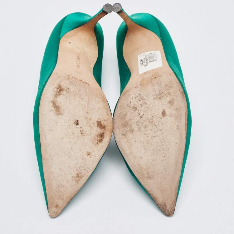 Pre Owned Manolo Blahnik Green Satin Crystal Embellished Pumps Size 38