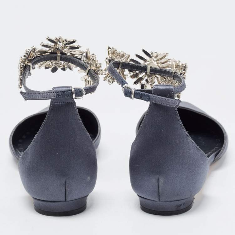 Pre Owned Manolo Blahnik Navy Blue Satin Crystal Embellished Sicaria  Ankle Strap Ballet Flats Size 39.5