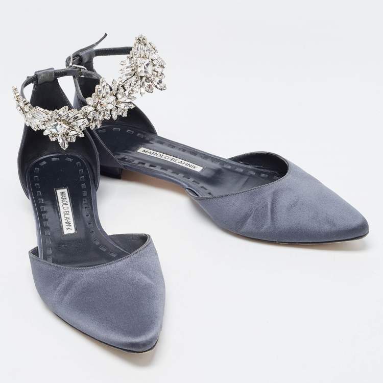 Pre Owned Manolo Blahnik Navy Blue Satin Crystal Embellished Sicaria  Ankle Strap Ballet Flats Size 39.5