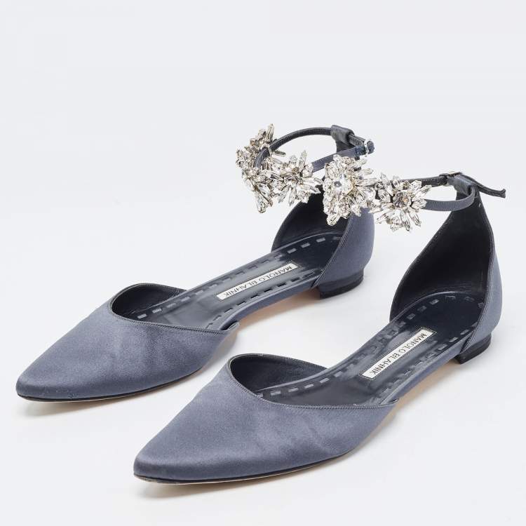 Pre Owned Manolo Blahnik Navy Blue Satin Crystal Embellished Sicaria  Ankle Strap Ballet Flats Size 39.5