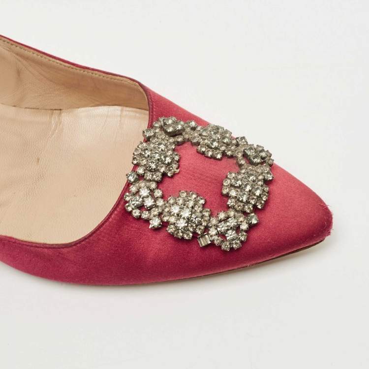 Pre Owned Manolo Blahnik Red Satin Hangisi Crystal Embellished Pumps Size 40
