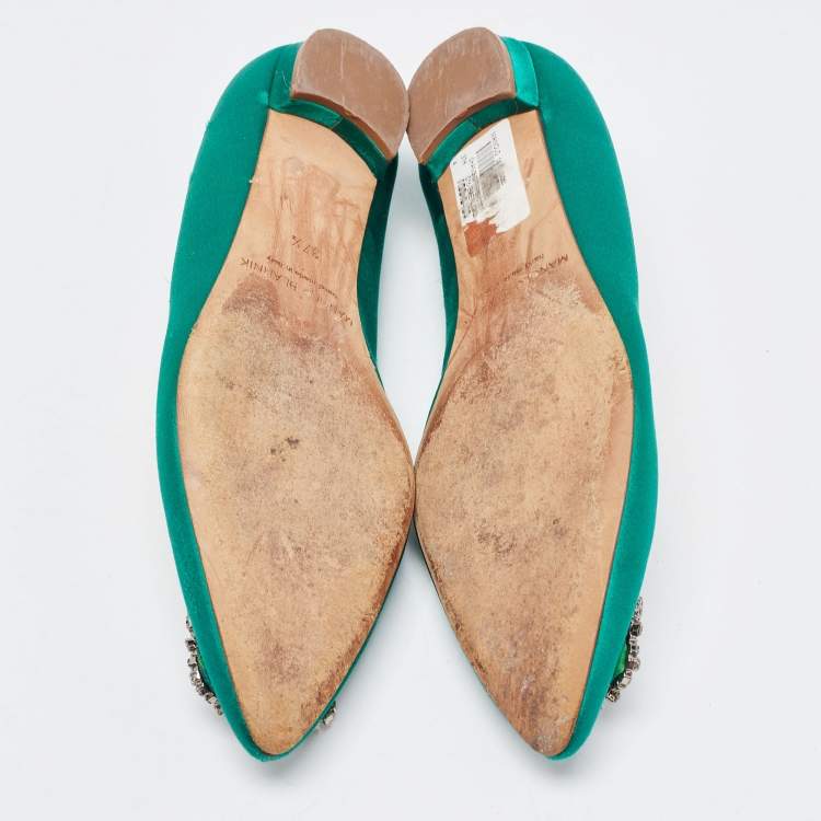 Pre Owned Manolo Blahnik Green Satin Hangisi Ballet Flats Size 37.5