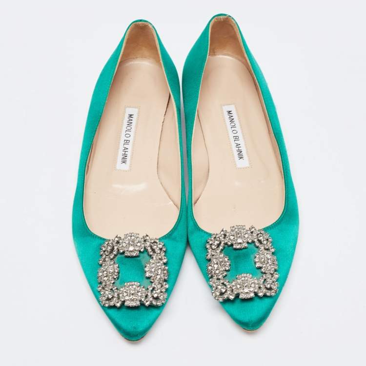 Pre Owned Manolo Blahnik Green Satin Hangisi Ballet Flats Size 37.5
