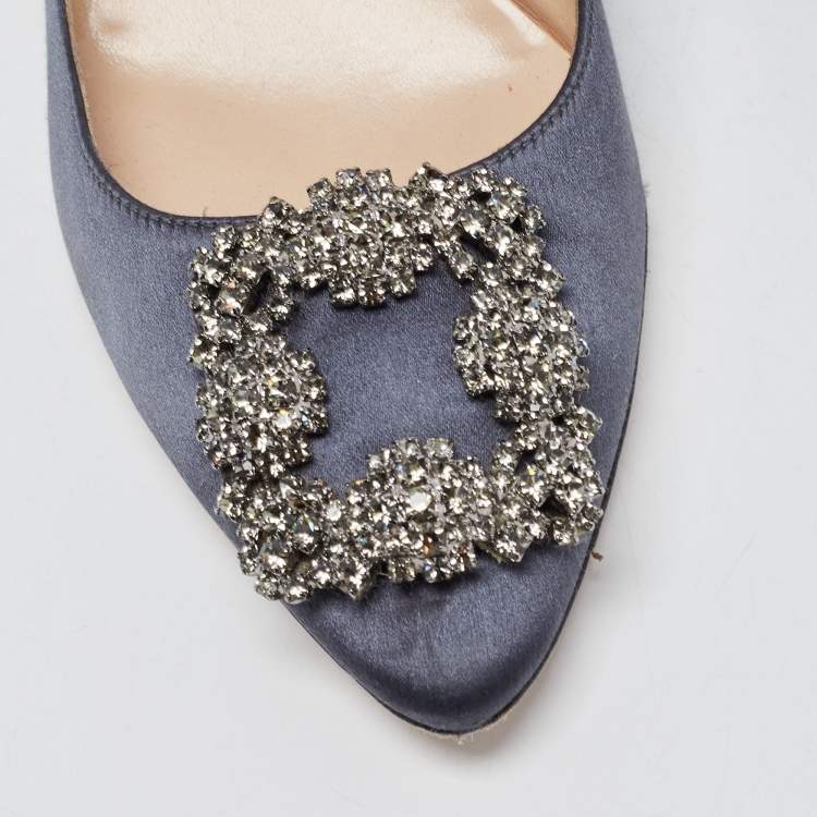 Pre Owned Manolo Blahnik Navy Blue Satin Hangisi  Pumps Size 37