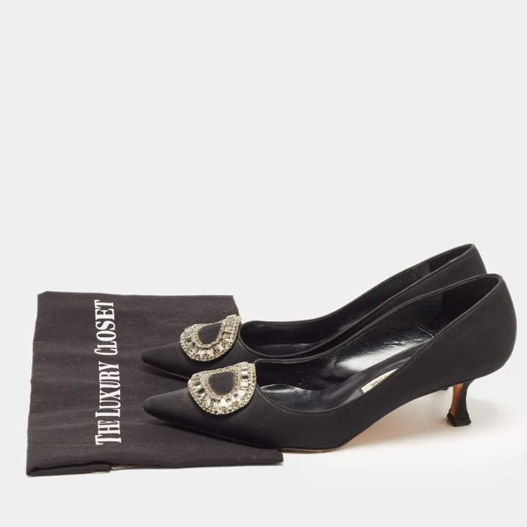Pre Owned Manolo Blahnik Black Fabric Crystal Embellished Buckle Pumps Size 38.5 