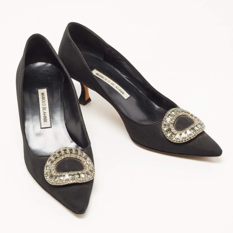 Pre Owned Manolo Blahnik Black Fabric Crystal Embellished Buckle Pumps Size 38.5 