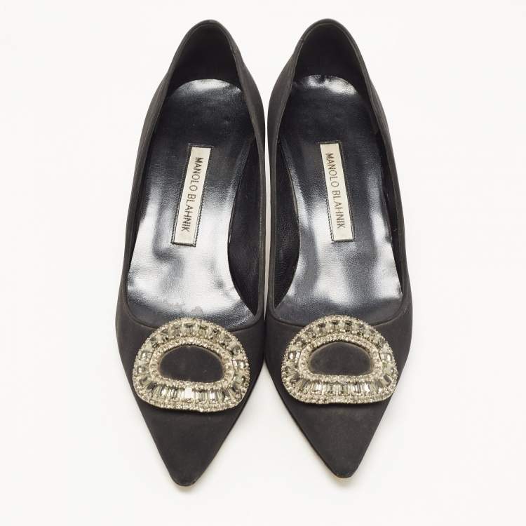 Pre Owned Manolo Blahnik Black Fabric Crystal Embellished Buckle Pumps Size 38.5 