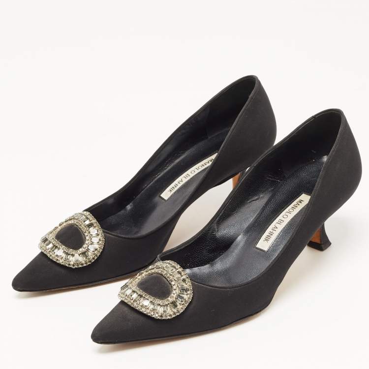 Pre Owned Manolo Blahnik Black Fabric Crystal Embellished Buckle Pumps Size 38.5 