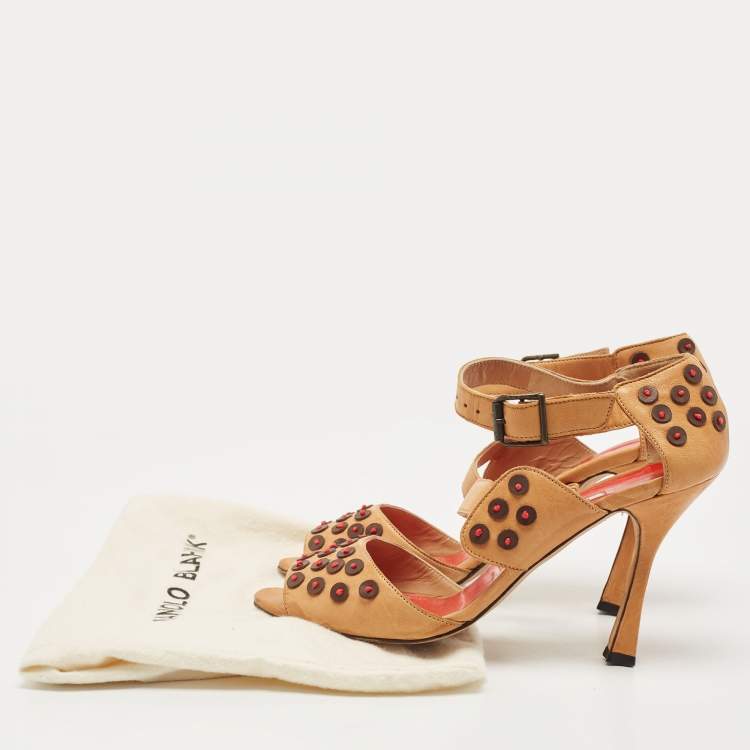 Pre Owned Manolo Blahnik Tan Leather Open Toe Ankle Strap Sandals Size 39.5