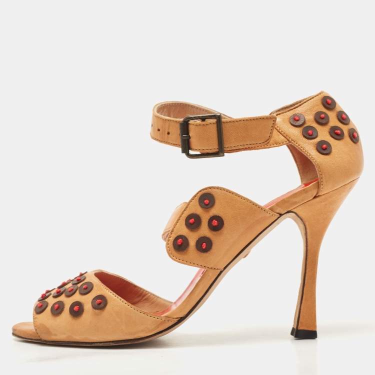 Pre Owned Manolo Blahnik Tan Leather Open Toe Ankle Strap Sandals Size 39.5