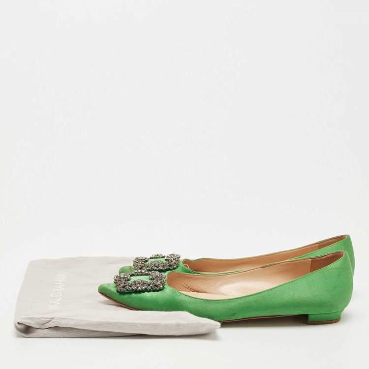 Pre Owned Manolo Blahnik Green Satin Hangisi Ballet Flats Size 37.5