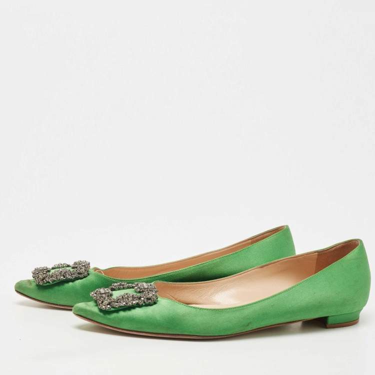 Manolo Blahnik Green Satin Hangisi Ballet Flats Size 37.5 Manolo Blahnik TLC