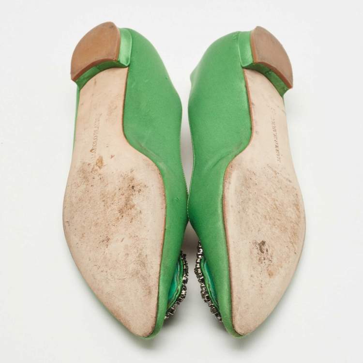 Pre Owned Manolo Blahnik Green Satin Hangisi Ballet Flats Size 37.5