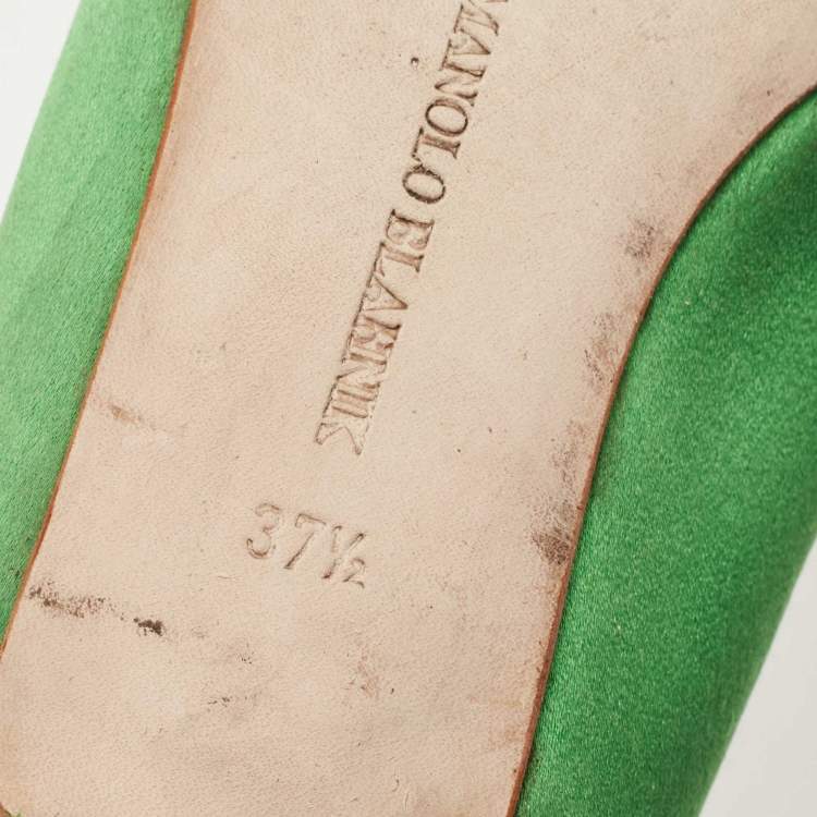 Pre Owned Manolo Blahnik Green Satin Hangisi Ballet Flats Size 37.5