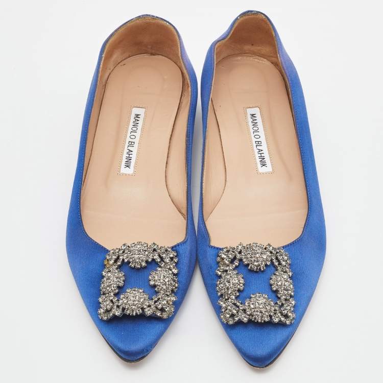 Pre Owned Manolo Blahnik Blue Satin Hangisi Ballet Flat Size 39