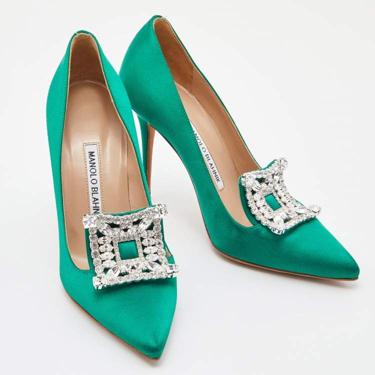 Pre Owned  Manolo Blahnik Green Satin Borlak Crystal Embellished Pointed Toe Pumps Size 36