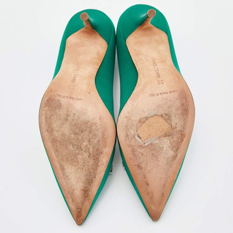 Pre Owned  Manolo Blahnik Green Satin Borlak Crystal Embellished Pointed Toe Pumps Size 36
