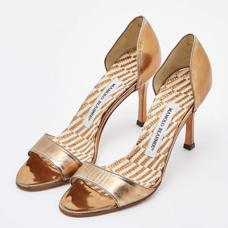 Pre Owned Manolo Blahnik Bronze Leather Open Toe Pumps Size 36.5
