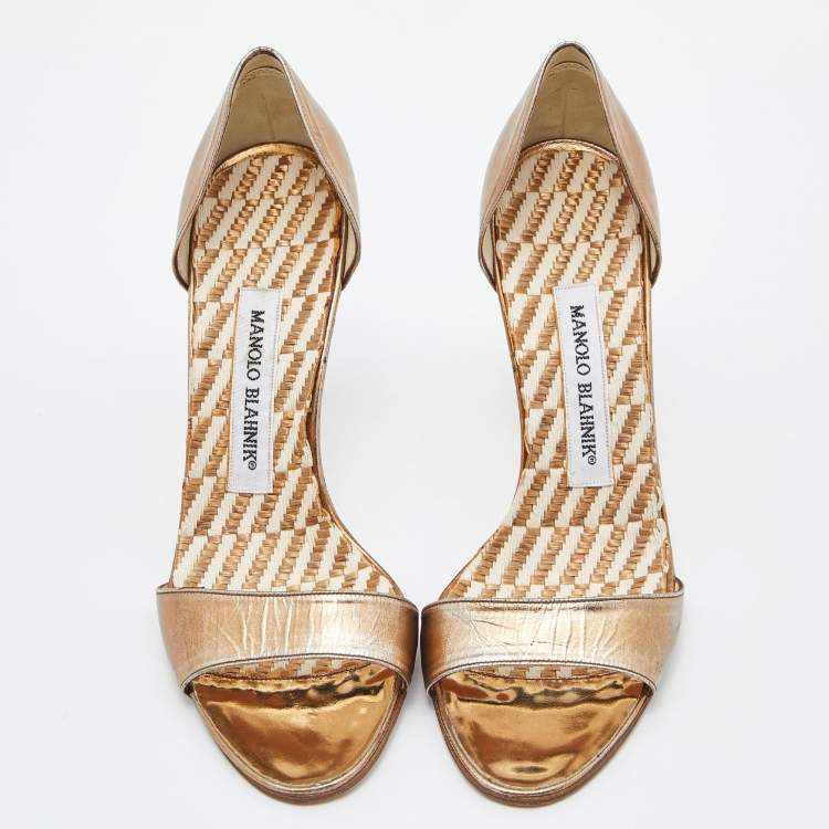 Pre Owned Manolo Blahnik Bronze Leather Open Toe Pumps Size 36.5