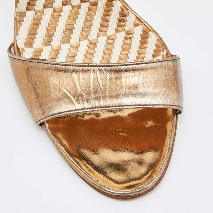 Pre Owned Manolo Blahnik Bronze Leather Open Toe Pumps Size 36.5