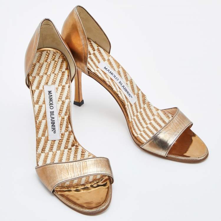Pre Owned Manolo Blahnik Bronze Leather Open Toe Pumps Size 36.5