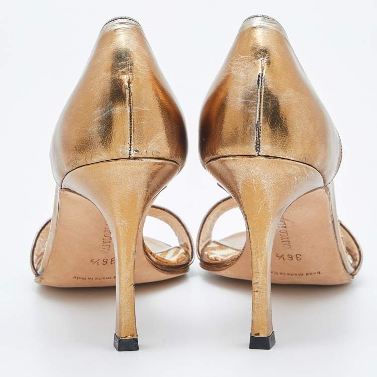 Pre Owned Manolo Blahnik Bronze Leather Open Toe Pumps Size 36.5