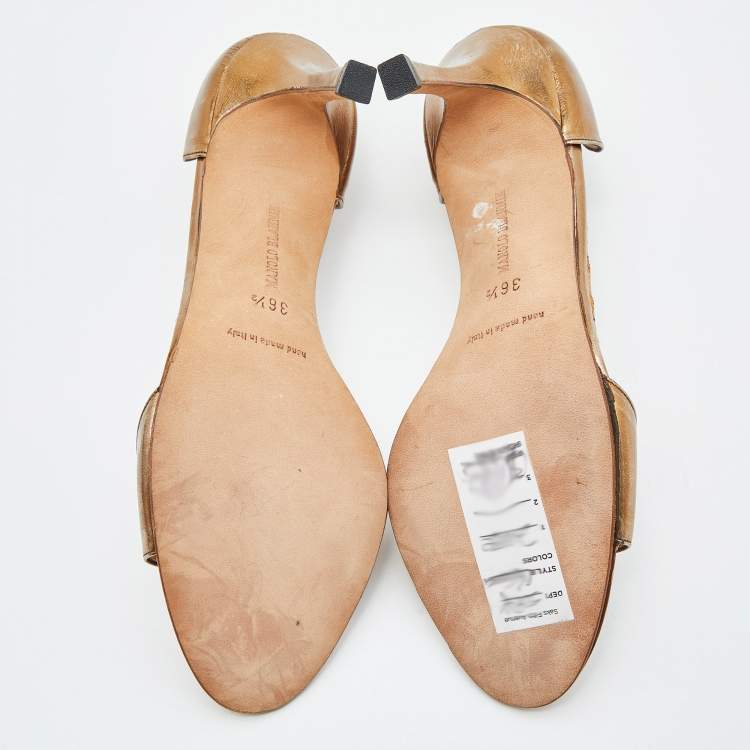 Pre Owned Manolo Blahnik Bronze Leather Open Toe Pumps Size 36.5