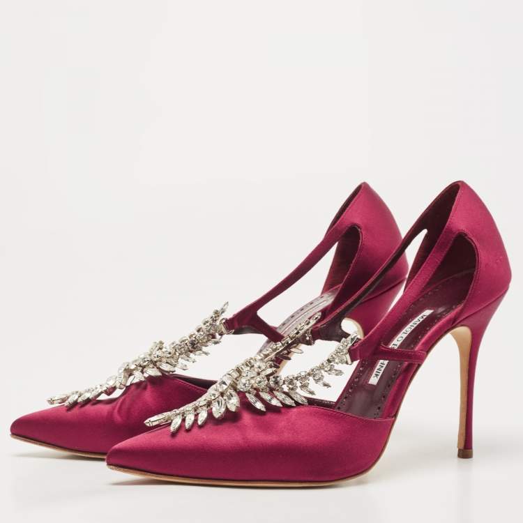 Pre Owned Manolo Blahnik Burgundy Satin Lala Pumps Size 40