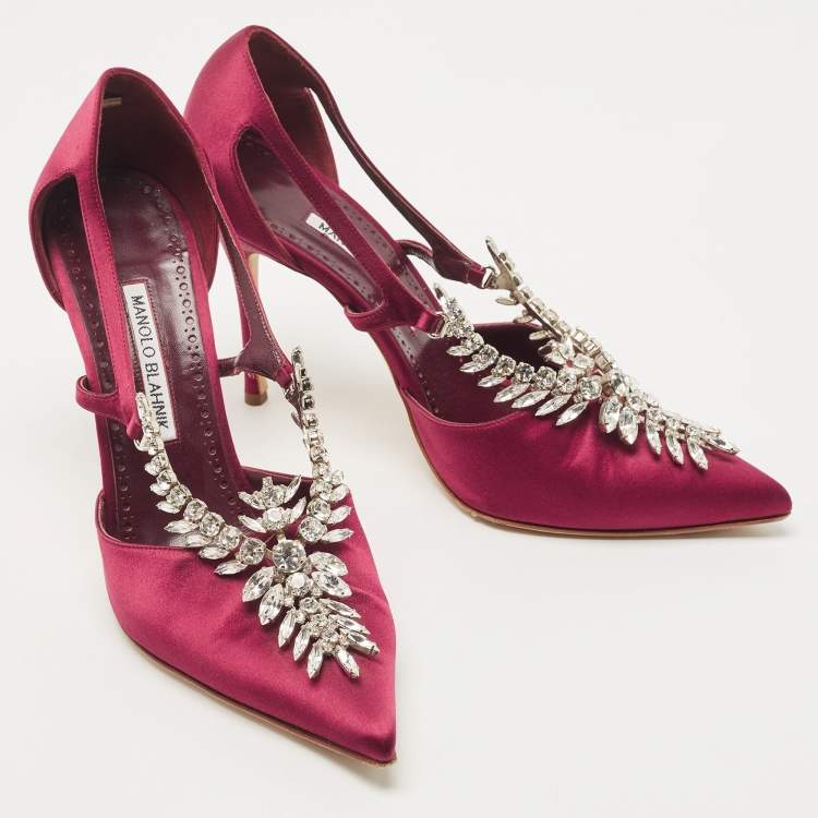 Pre Owned Manolo Blahnik Burgundy Satin Lala Pumps Size 40