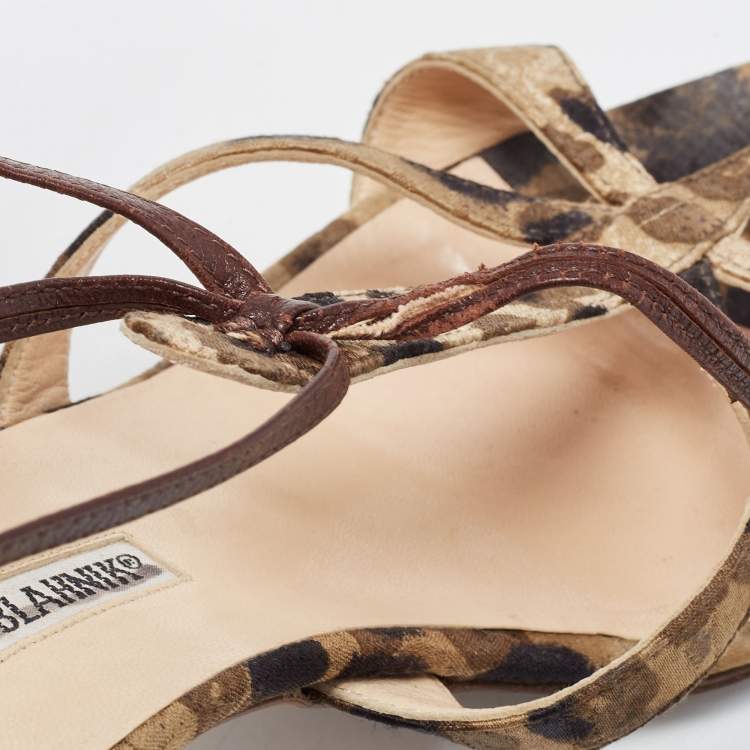 Pre Owned Manolo Blahnik Green/Brown Fabric Ankle Wrap Sandals Size 40