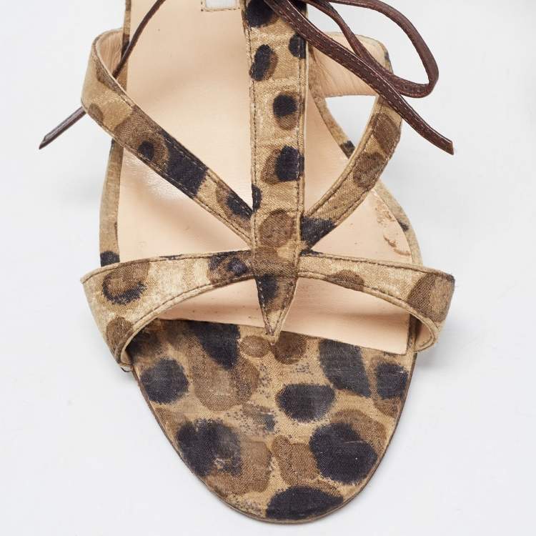 Pre Owned Manolo Blahnik Green/Brown Fabric Ankle Wrap Sandals Size 40