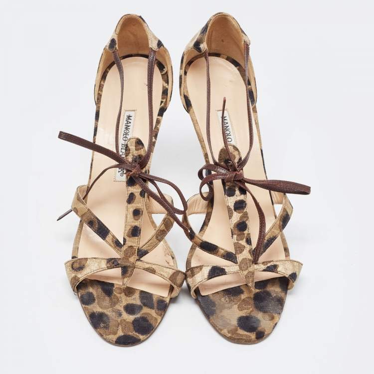 Pre Owned Manolo Blahnik Green/Brown Fabric Ankle Wrap Sandals Size 40