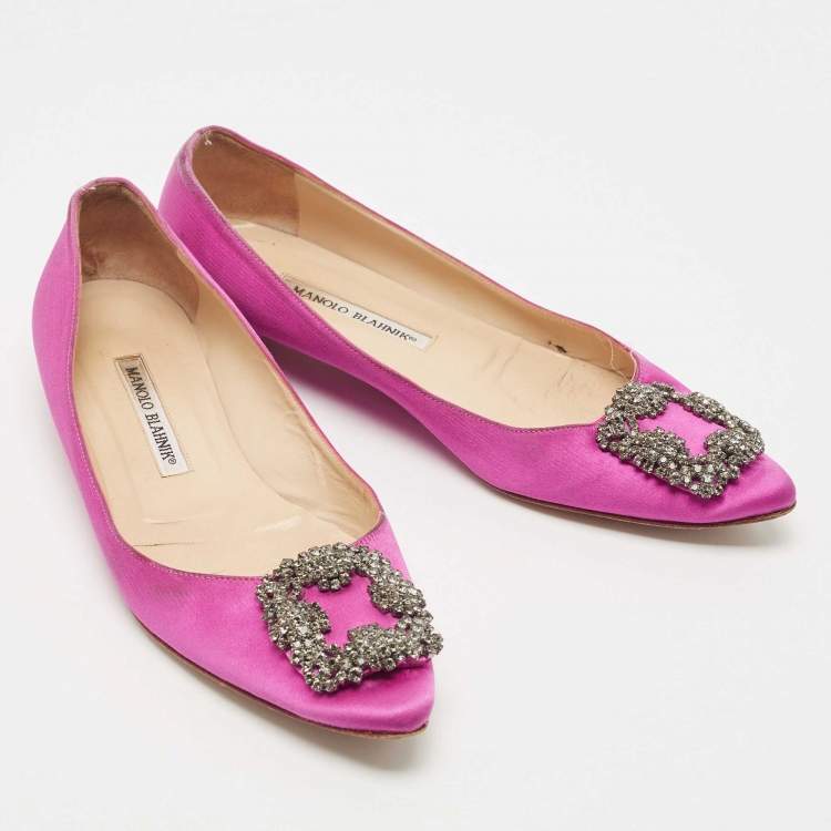 Pre Owned Manolo Blahnik Pink Satin Hangisi Ballet Flats Size 38
