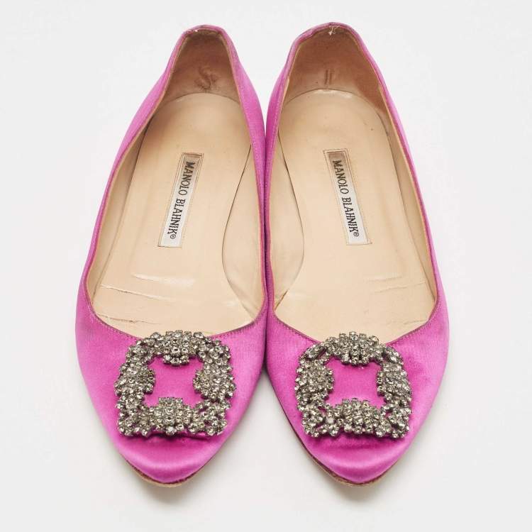 Pre Owned Manolo Blahnik Pink Satin Hangisi Ballet Flats Size 38