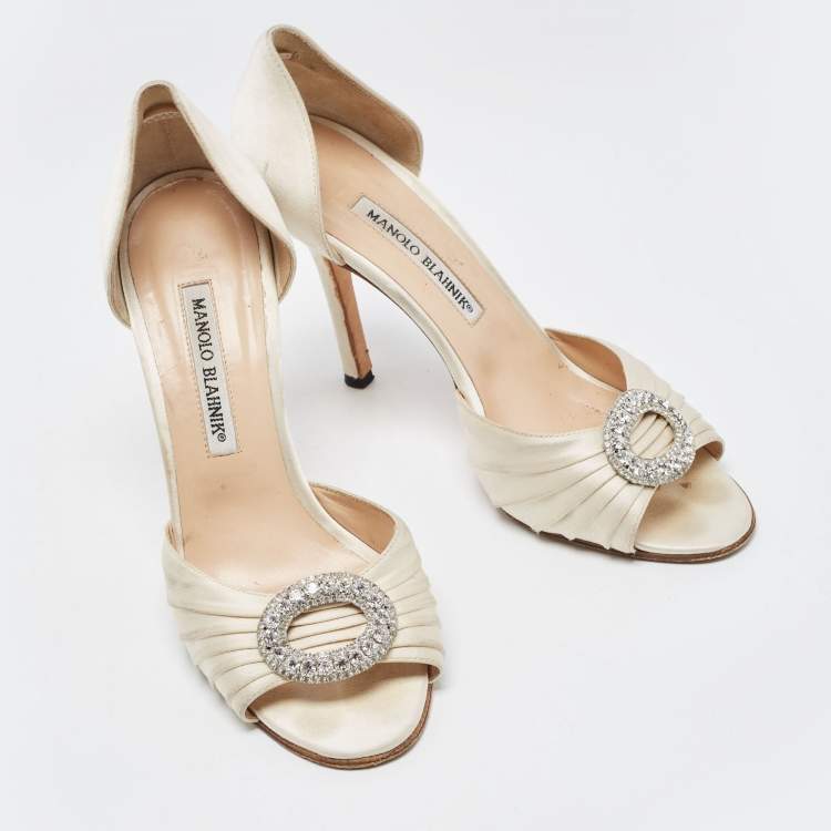 Pre Owned Manolo Blahnik White Satin Sedaraby D'orsay Pumps Size 37.5